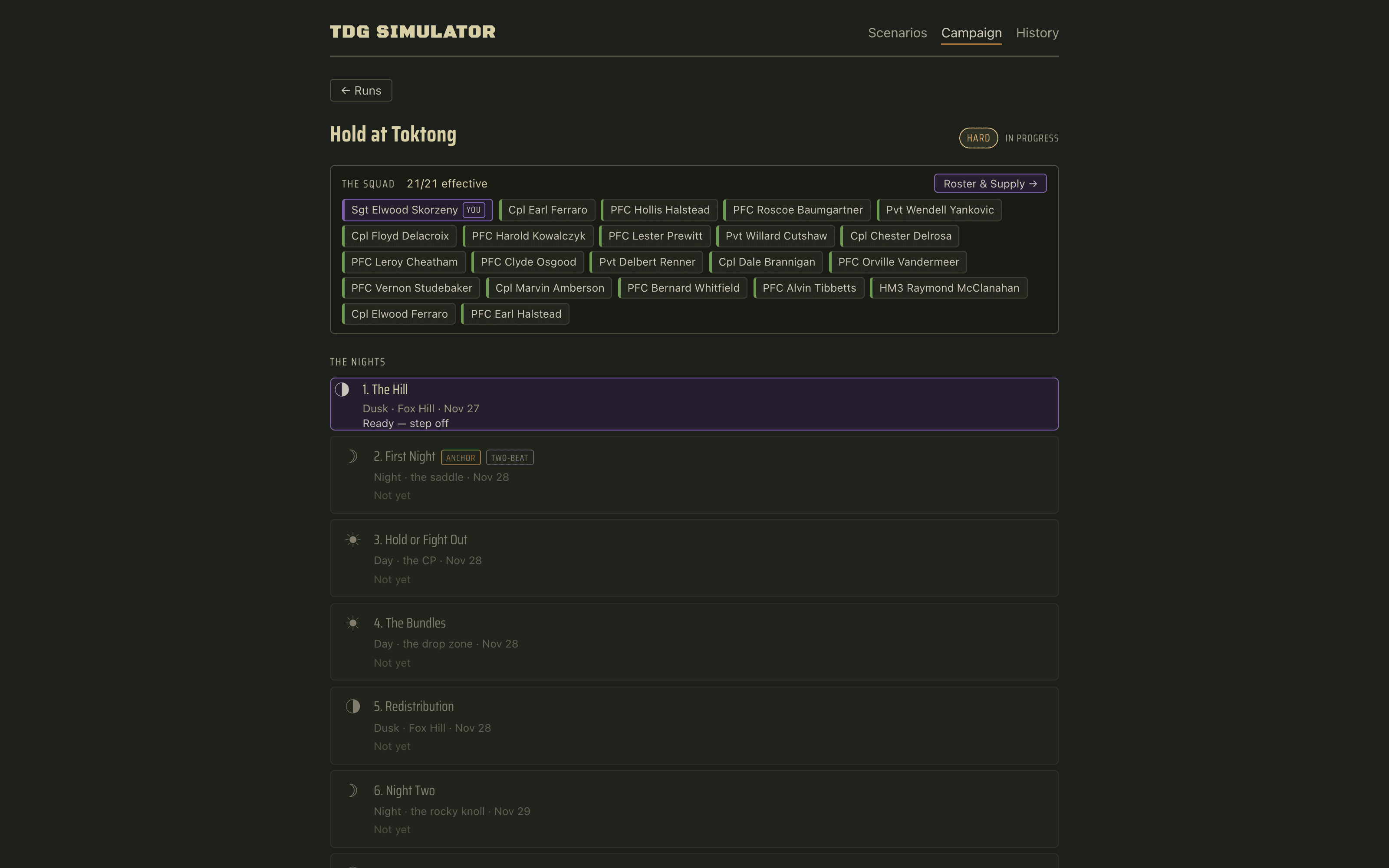 The Hold at Toktong campaign hub: mission chain and squad roster